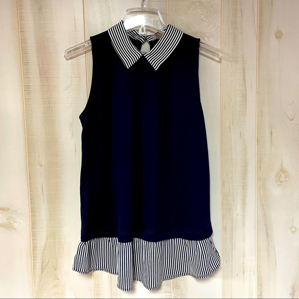 LOFT Navy Blue Sleeveless Top With Striped Collar and Ruffle Hem Sz S Tunic